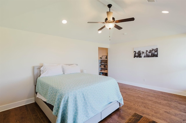 bedroom featuring recessed lighting, visible vents, a ceiling fan, wood finished floors, and baseboards