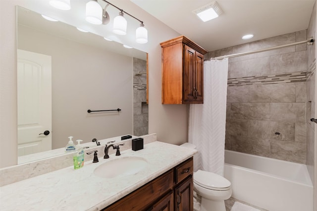 full bath featuring toilet, shower / bath combination with curtain, and vanity