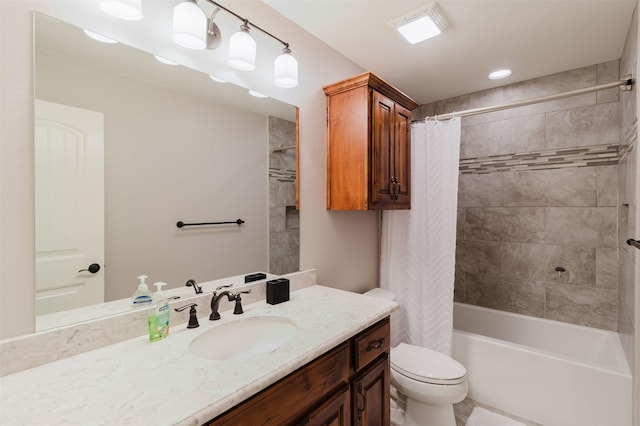 full bath featuring vanity, toilet, and shower / bath combination with curtain