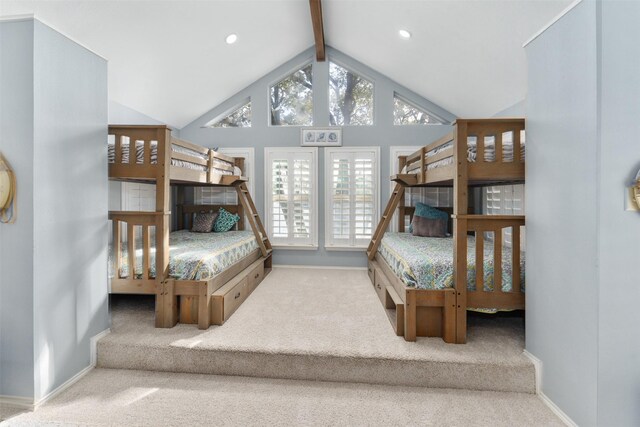 bedroom featuring lofted ceiling with beams, baseboards, carpet flooring, and recessed lighting