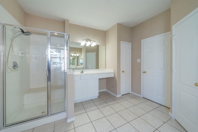 bathroom featuring tile patterned floors, vanity, and a shower with shower door