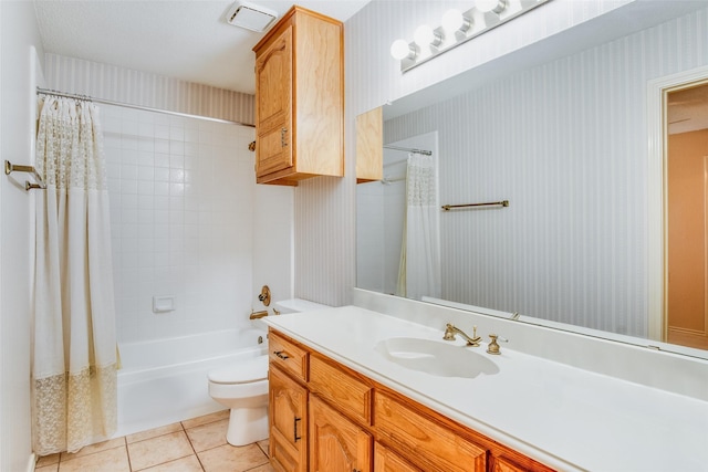 full bathroom featuring tile patterned flooring, shower / bath combo, toilet, and vanity