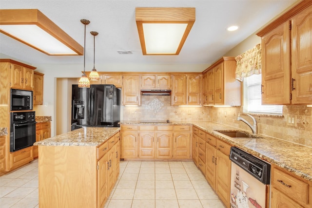 kitchen featuring sink, black appliances, light tile patterned floors, decorative light fixtures, and a center island