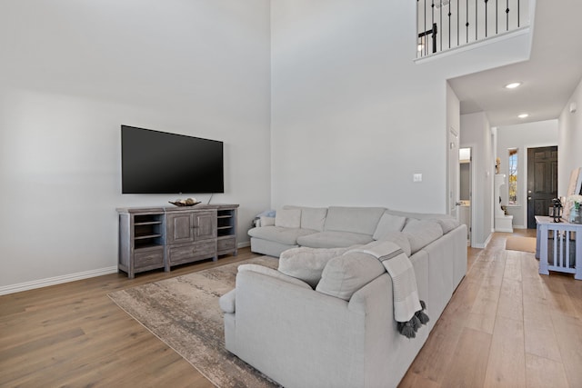 living room featuring wood-type flooring and a high ceiling