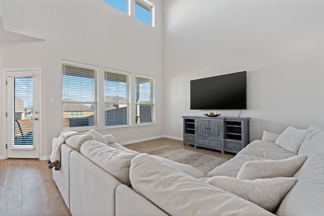 living room featuring a high ceiling and light hardwood / wood-style floors