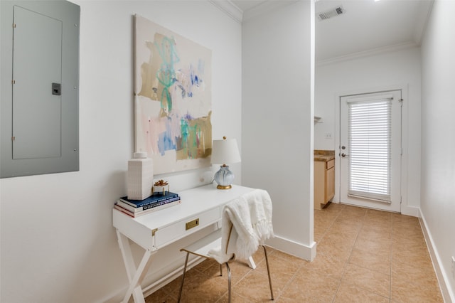 tiled office space featuring electric panel and crown molding