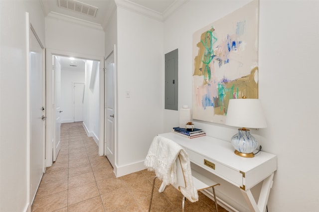 hall featuring electric panel, crown molding, and light tile patterned flooring