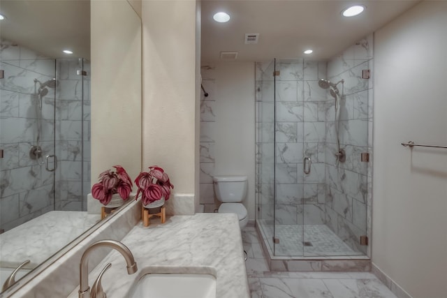 743 Oakwood Trl, Fort Worth, TX 76112 - bathroom with toilet, a shower stall, marble finish floor, a sink, and visible vents
