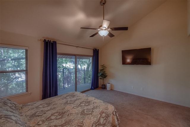 743 Oakwood Trl, Fort Worth, TX 76112 - carpeted bedroom with access to outside, vaulted ceiling, and a ceiling fan