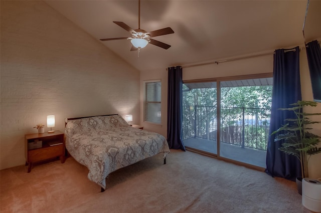 bedroom featuring light colored carpet, ceiling fan, access to exterior, and lofted ceiling