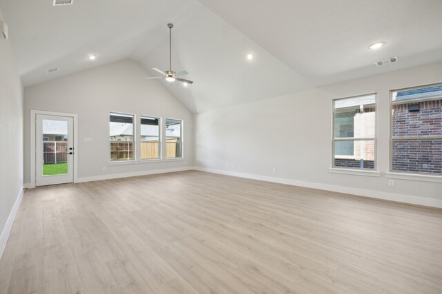 unfurnished living room with light wood-type flooring, high vaulted ceiling, plenty of natural light, and ceiling fan