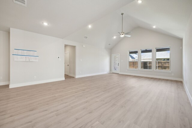 unfurnished living room with ceiling fan, high vaulted ceiling, and light hardwood / wood-style flooring