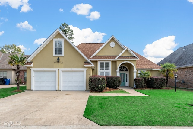 view of property featuring a garage and a front yard