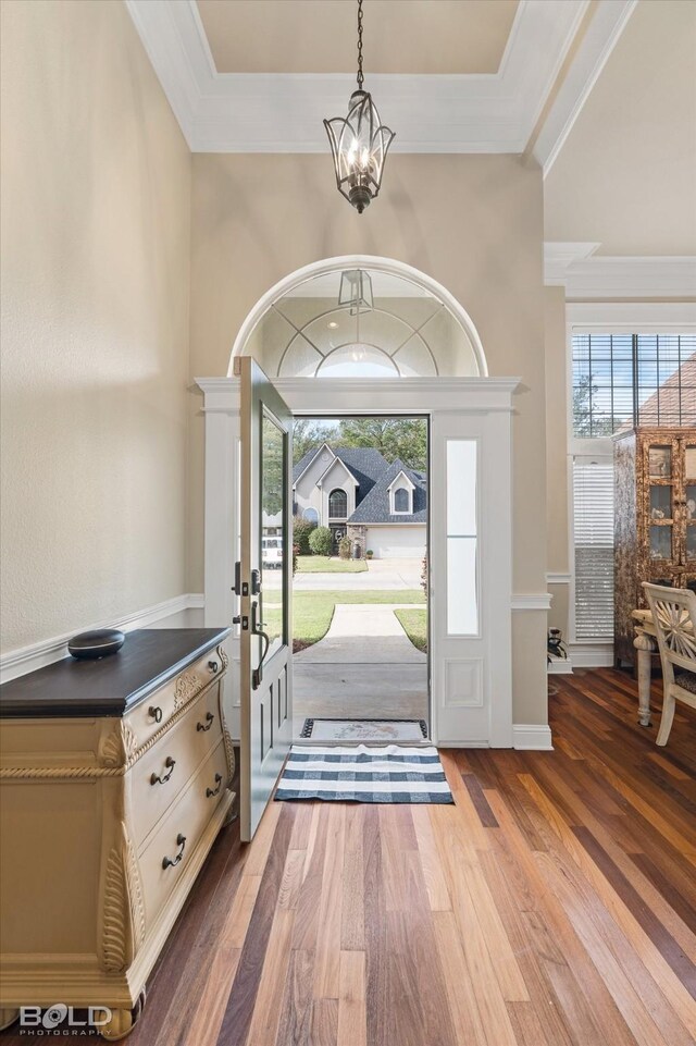 foyer featuring a notable chandelier, wood-type flooring, and crown molding