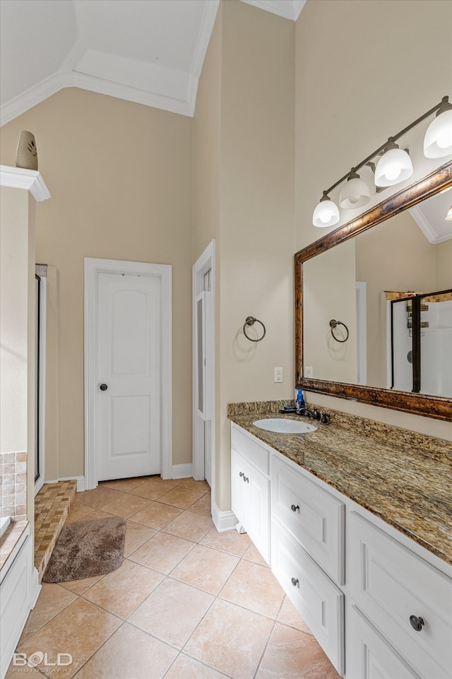 bathroom with vanity, high vaulted ceiling, crown molding, tile patterned flooring, and shower with separate bathtub