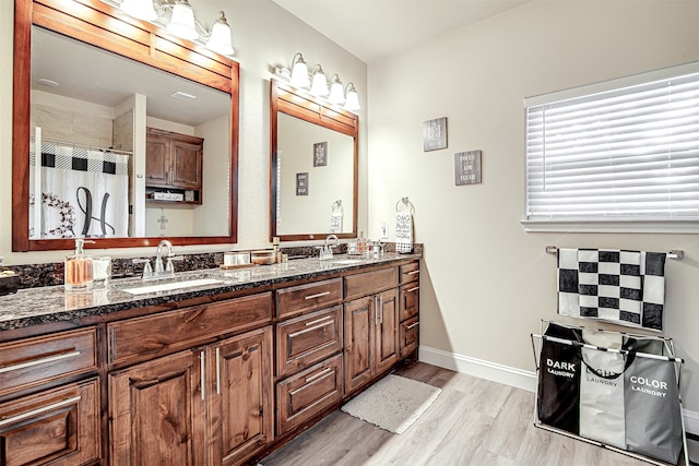 bathroom with a shower with curtain, vanity, and wood-type flooring