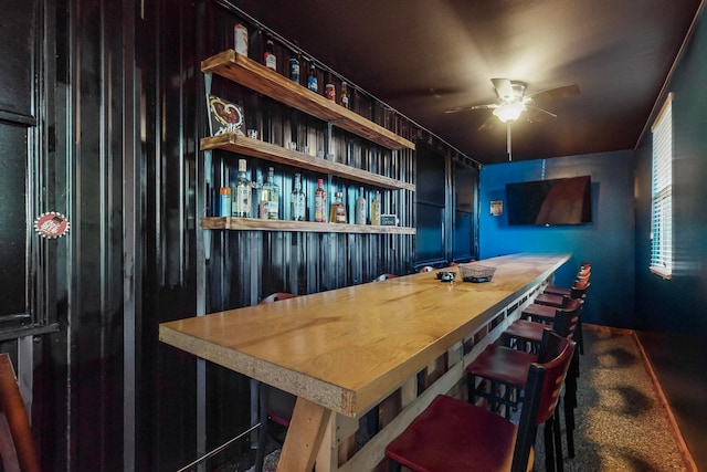 bar with carpet and ceiling fan