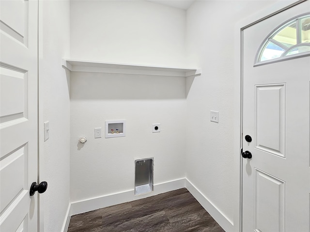 laundry area with hookup for a gas dryer, dark wood-type flooring, washer hookup, and hookup for an electric dryer