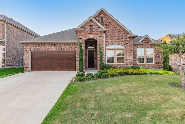 view of front of home with a garage, brick siding, concrete driveway, and a front lawn