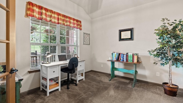 2045 Mason Pond Dr, Weatherford, TX 76085 - office space featuring dark carpet, baseboards, and vaulted ceiling