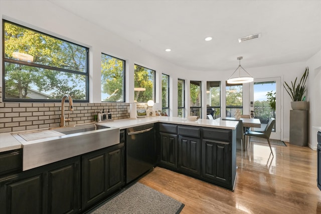 kitchen featuring stainless steel dishwasher, decorative light fixtures, a healthy amount of sunlight, and light wood-type flooring