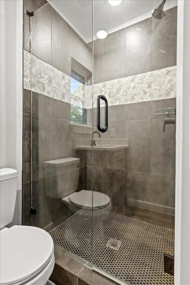 bathroom featuring walk in shower and toilet