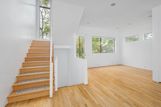 stairs featuring plenty of natural light and wood-type flooring