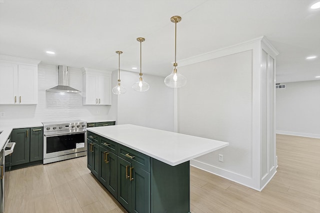 kitchen with electric range, light hardwood / wood-style flooring, white cabinetry, and wall chimney range hood