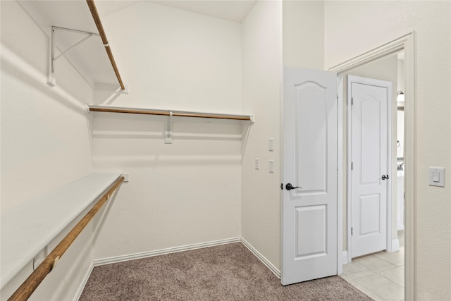 walk in closet with light carpet