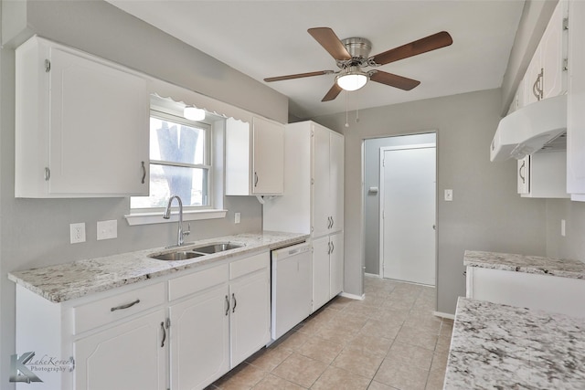 kitchen featuring white cabinets, ceiling fan, sink, dishwasher, and range hood