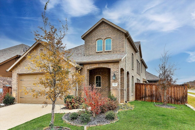 view of front of home with an attached garage, brick siding, fence, concrete driveway, and a front lawn