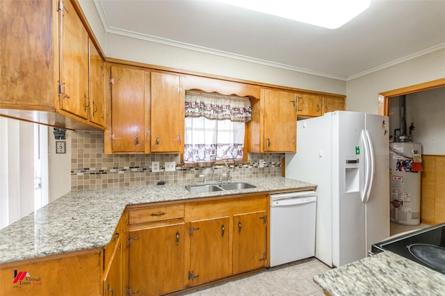 kitchen with sink, tasteful backsplash, water heater, crown molding, and white appliances