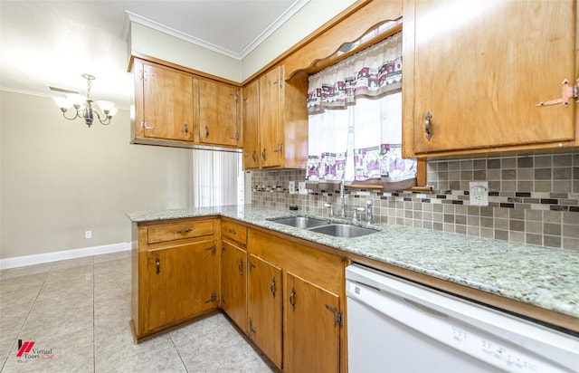 kitchen featuring dishwasher, sink, a notable chandelier, crown molding, and decorative backsplash