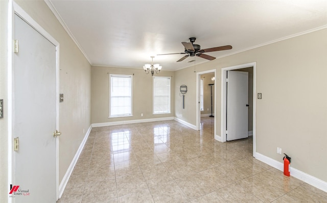 unfurnished room featuring ceiling fan with notable chandelier and crown molding