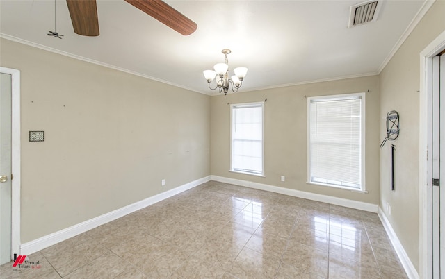 empty room featuring ceiling fan with notable chandelier and ornamental molding