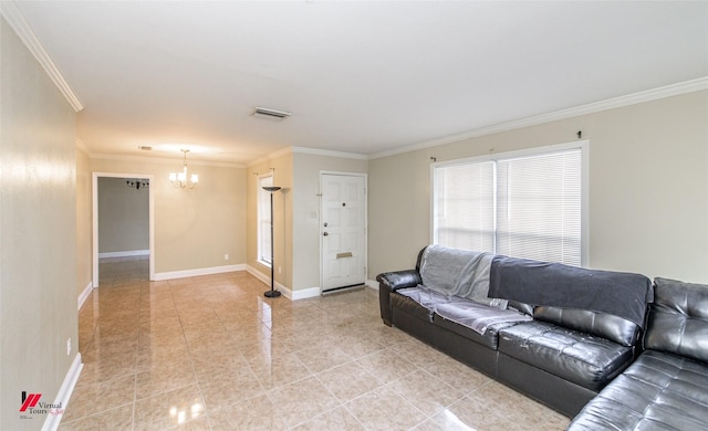 living room with a notable chandelier, light tile patterned floors, and crown molding