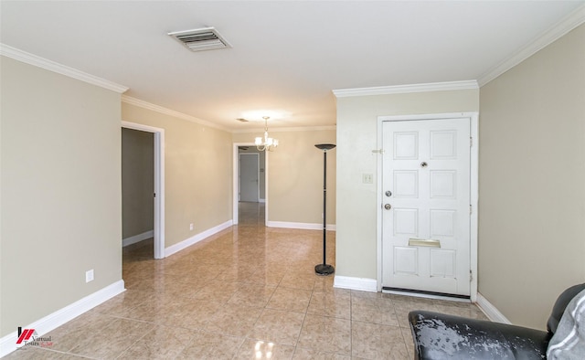 interior space featuring ornamental molding and a notable chandelier