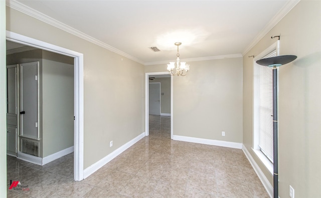 tiled spare room with ornamental molding and an inviting chandelier