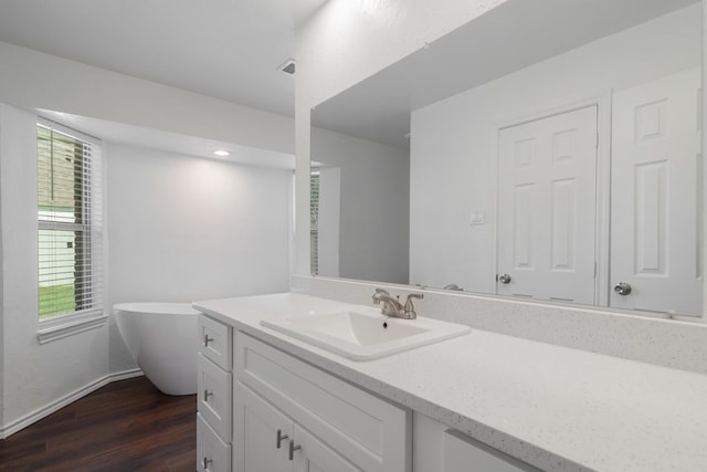 bathroom featuring a bath, wood-type flooring, vanity, and a wealth of natural light