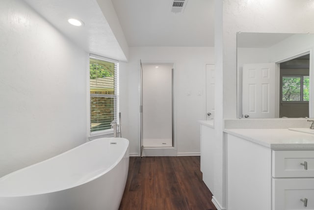 bathroom featuring plus walk in shower, hardwood / wood-style floors, and vanity