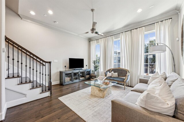 living room featuring crown molding, ceiling fan, and dark wood-type flooring