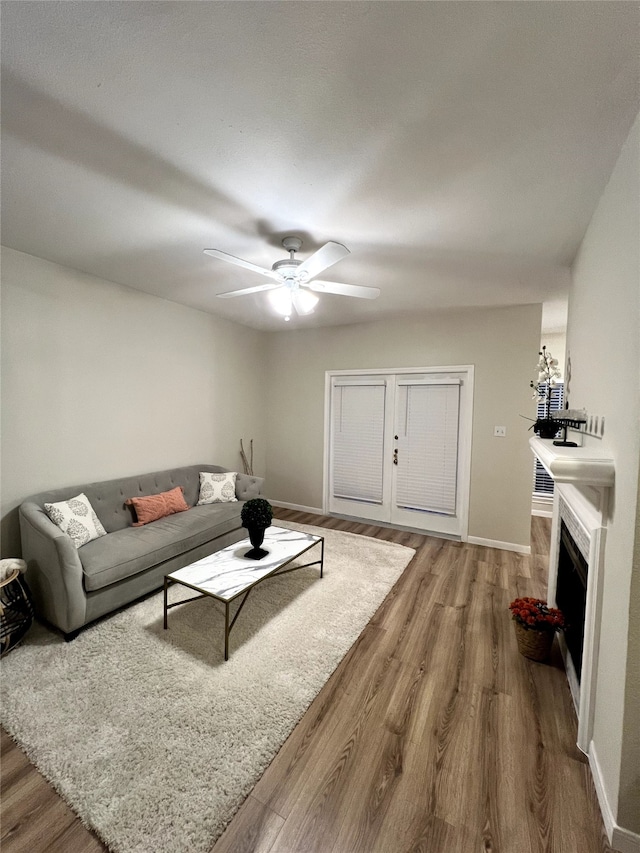 living room with ceiling fan and wood-type flooring