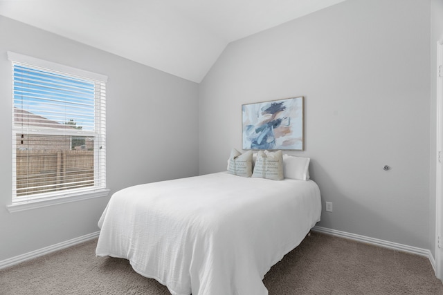 bedroom featuring carpet and vaulted ceiling