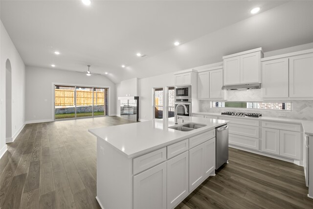 kitchen featuring white cabinets, sink, an island with sink, and stainless steel appliances