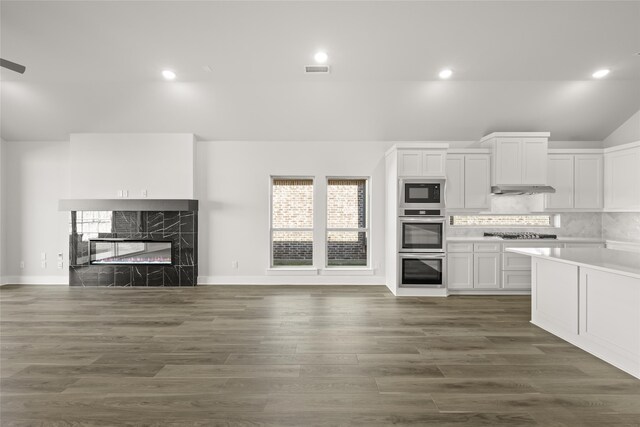 kitchen with white cabinetry, dark wood-type flooring, tasteful backsplash, a fireplace, and appliances with stainless steel finishes