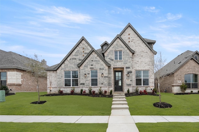 french provincial home featuring a front yard