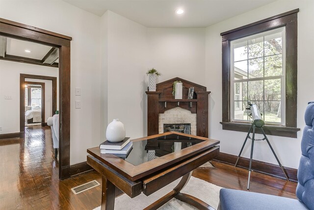 office space featuring hardwood / wood-style flooring, a stone fireplace, and a wealth of natural light