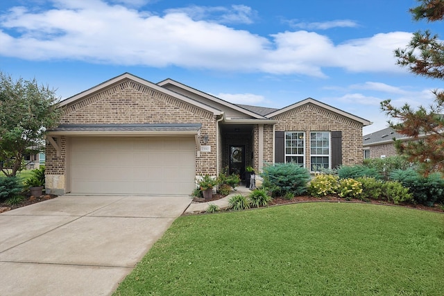 ranch-style home featuring a front yard and a garage