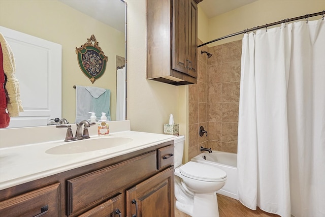 full bathroom with vanity, toilet, and shower / bathtub combination with curtain