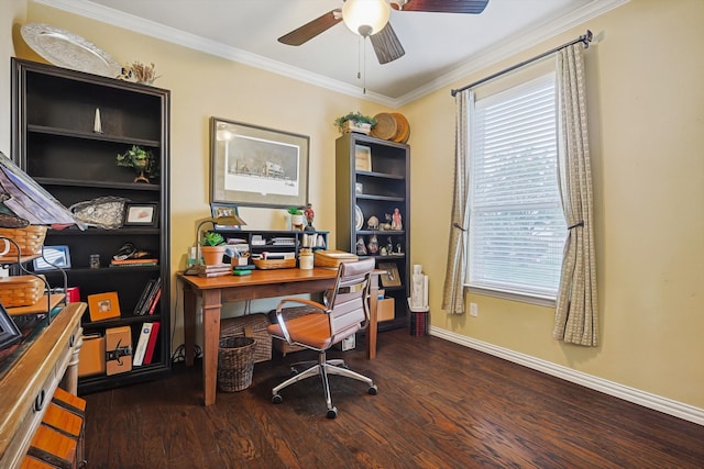 office area with ceiling fan, dark hardwood / wood-style flooring, and crown molding